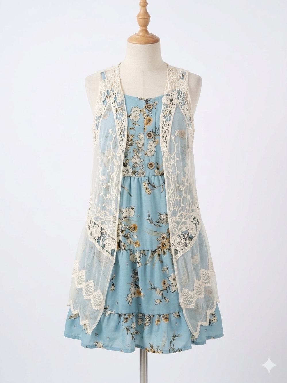 Knitworks Cream Lace-Trim Floral Cami in Light Blue